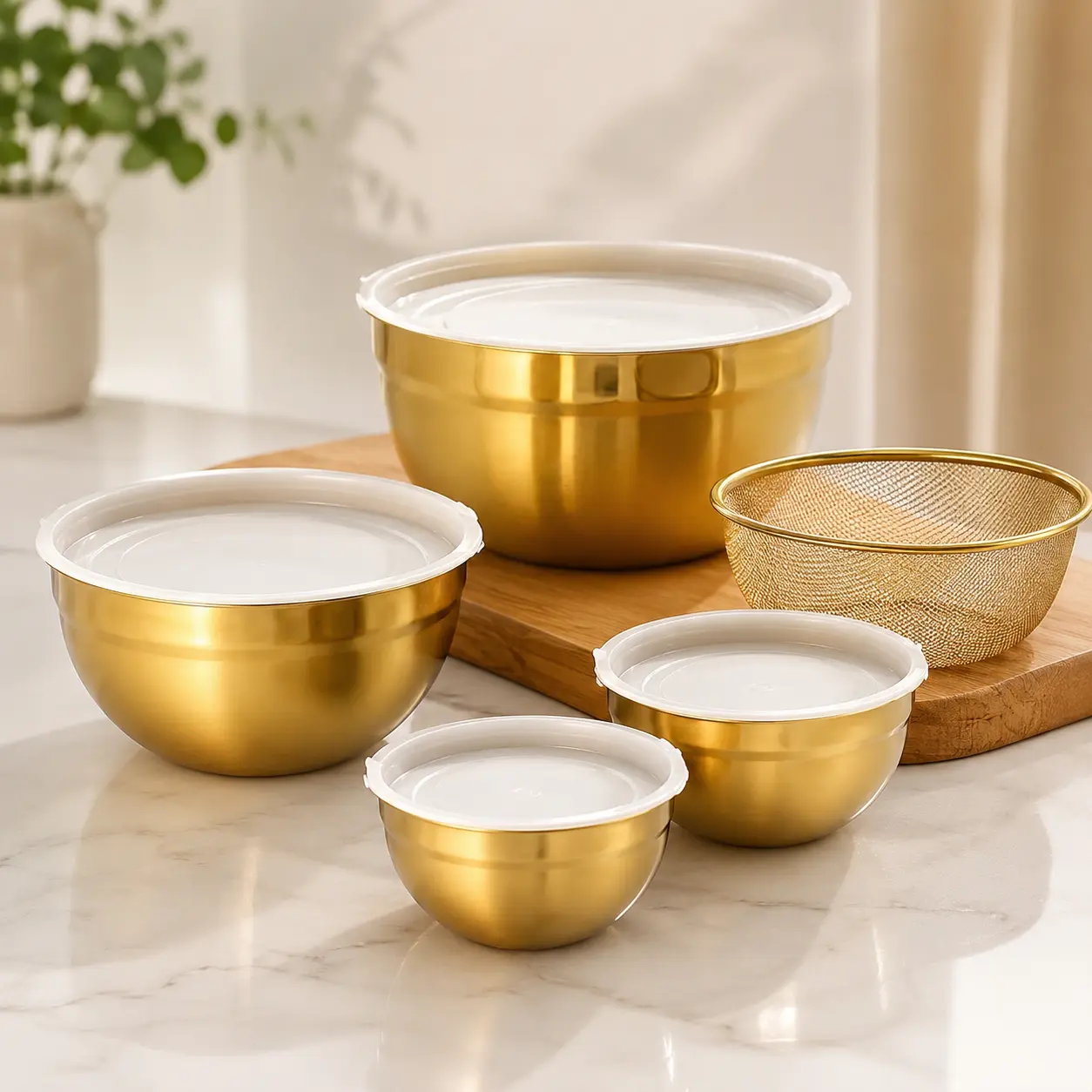 5-Piece Classic Stainless Steel Metal Mixing Bowl Set with Gold Accent, Graduated Sizes, Colander, Airtight Lids - Food-Safe, Stackable, Durable Nesting Bowls for Adult Baking, Fruit Prep, Pasta Making, Serving, Kitchen Storage (Tableware)