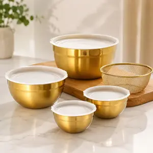 Gold Accent 5-Piece Stainless Steel Mixing Bowl Set - Food-Safe, Stackable, Durable Nesting Bowls with Colander, Airtight Lids for Fruit, Pasta Prep, Kitchen Storage (Tableware)