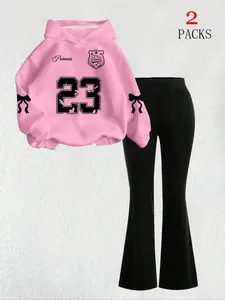 Women's Casual Hoodie Set, Butterfly Knot Print, Round Neck Pullover, Elastic Waist Wide Leg Pants, Fashion Streetwear, Matching Clothing Set