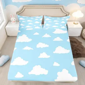 White Clouds Fitted Sheet,Cartoon Clouds Blue Sky Decor Bedding Set,for Kids Teens Adults,Simple Style Graffiti Decorative Bed Cover (No Flat Sheet)