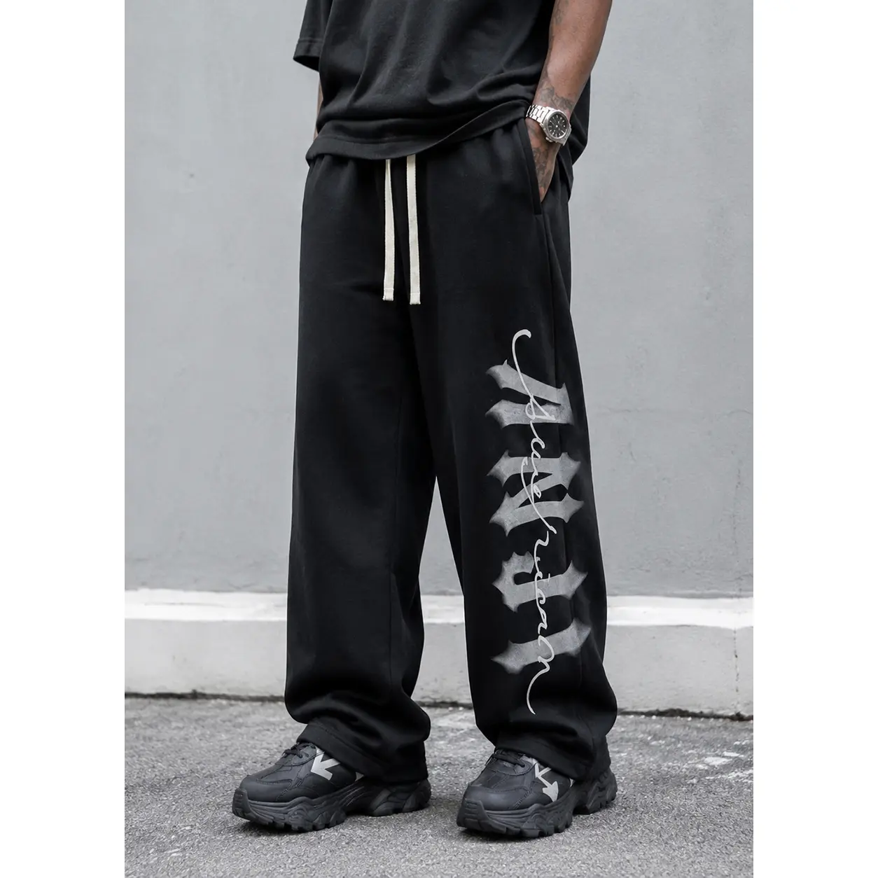 Men's Wide Leg Sweatpants Casual Loose Fit Jogger Pants with Graphic Print, Drawstring Waist Streetwear Y2K Style Lounge Pants