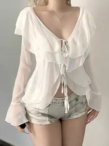 Women’s Ruffled V-Neck Tie-Front Long Sleeve Cardigan, Vintage Y2K Spring Summer Sheer Vacation Top, Elegant Ladies Wear, Womenswear