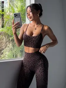 Women's Sporty Leopard Print Tight-Fitting Elastic Sports Set, Animal Pattern Sportswear, Casual Outdoor Wear, Walking Cycling Hiking Yoga