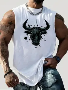 3D Bull Head Graphic Muscle Tank Top for Men - Breathable Sleeveless Gym Shirt for Bodybuilding & Fitness - Urban Streetwear Crew Neck Summer Tee 2026 Sleeveless Sports Vest