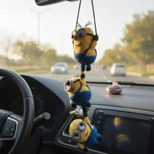 Handmade Minion-Inspired Crochet Car Hanging – Cute Triple Amigurumi Rearview Mirror Decoration