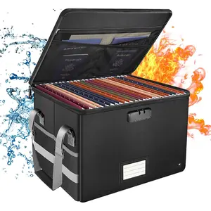 Lockable file box, fireproof file box with zipper and pockets, foldable file organizer with handle, portable home office safe, can hang letters/legal documents, black