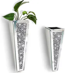 2 Pcs Flower Vase Crushed Diamond Mirrored Hanging Planter Silver Decorative Mirror Vase for Home Decor Decoration Geometric