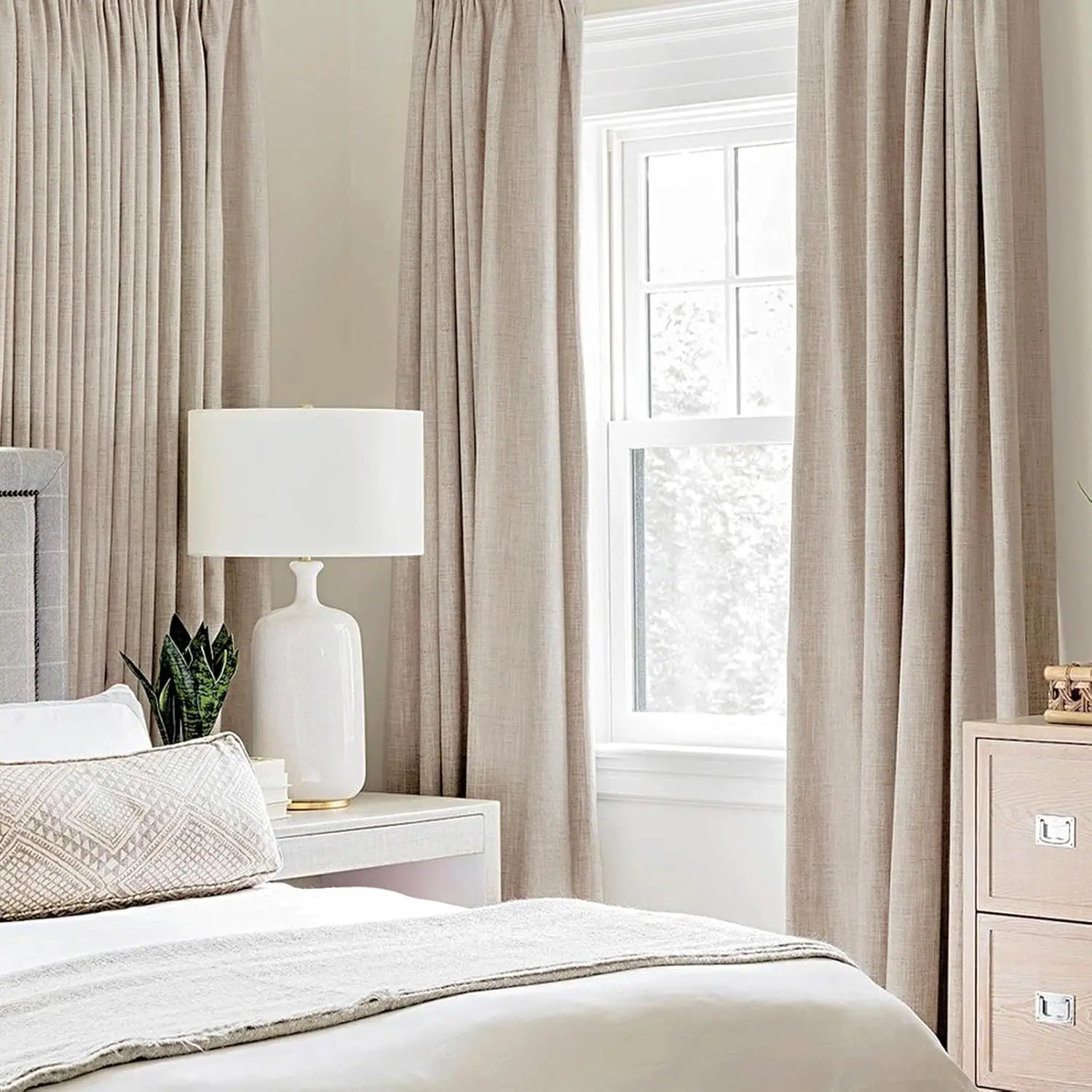 100% Blackout Linen Textured Curtains for Bedroom Solid Thermal Insulated Natural Beige Grommet Room Darkening Curtains & Drapes Luxury Decor for Living Room 52 x 84 Inch (2 Panels)