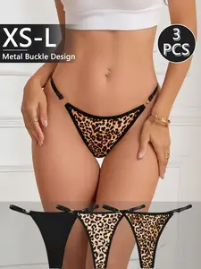 Women's Leopard Print Thong Set, Womenswear, Sexy Low Waist Underwear, Metal Ring Buckle Design, All Season Casual Slim Fit Panties Style Aesthetics