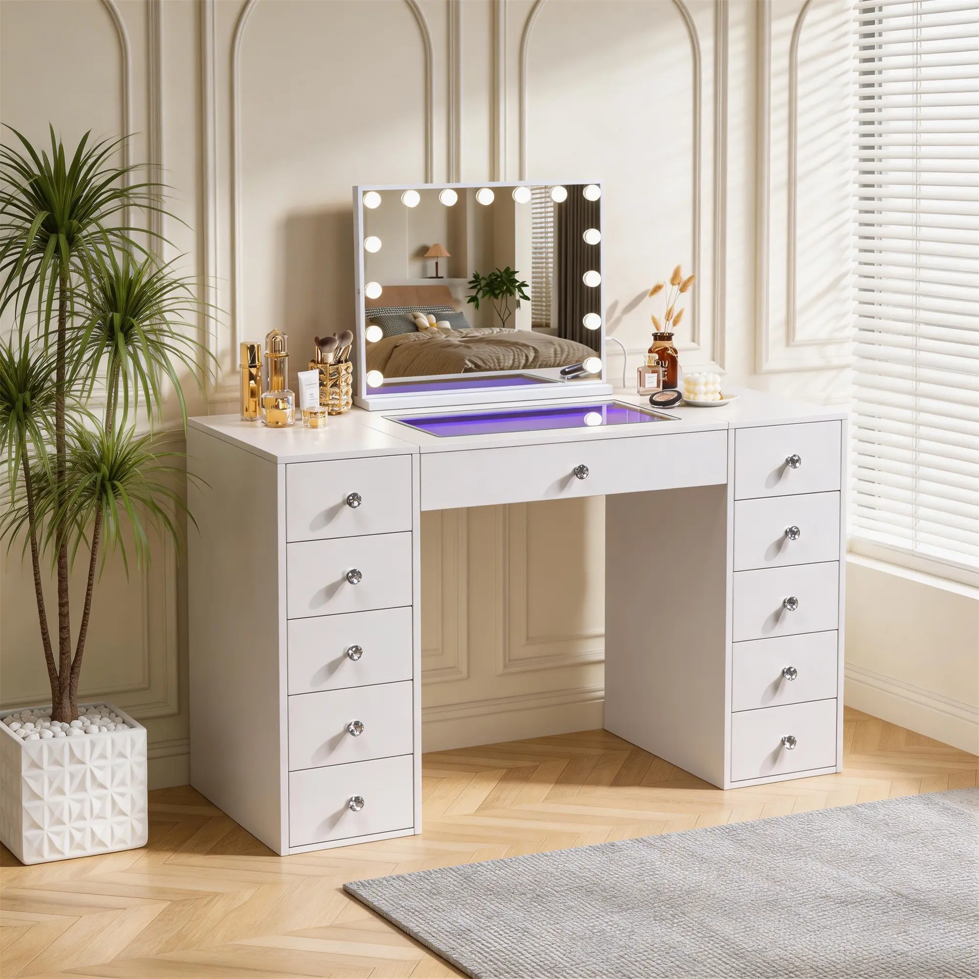 VANITII 51'' White Makeup Vanity Desk with 11 Drawers, 23"x18" Bluetooth Lighted Mirror, Tabletop & Wall Mount Metal Dressing Table