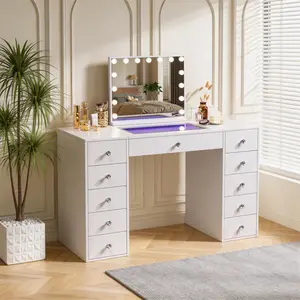 VANITII 51'' Makeup Vanity Desk with RGB Lights 11 Drawers White+23"x18" Vanity Mirror with LightsBluetooth Tabletop Wall Mount Metal White