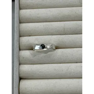 Silverwork Studios Thick Hammered Silver Band Ring with Small Gemstone .925 Handmade Boho Elegance Jewelry Design