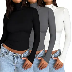 3 Pack Slim Fit Long Sleeve Crop Tops - Women's Crewneck & Turtleneck, Y2K Korean Fashion, Basic Layering Shirts for Casual Everyday Outfits