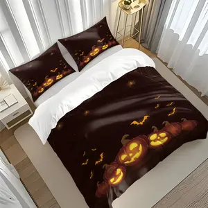 2/3 Pcs Halloween Pumpkin Bat Comforter Set, Spooky Vibe Themed Bedding Set, Includes Duvet Cover and Pillowcases, No Filler Zipper Closure, Soft, Comfortable and Durable, Perfect for Holiday Bedroom Decoration