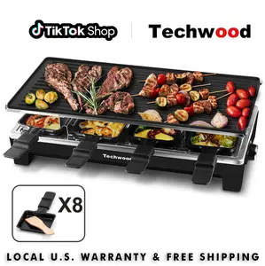 Techwood 1500W Fast Heating 2-in-1 Electric Raclette Table Griddle Grill - Non-Stick Plate, 8 Cheese Melt Pans, Black Mini Indoor Grill for Parties & Family Fun