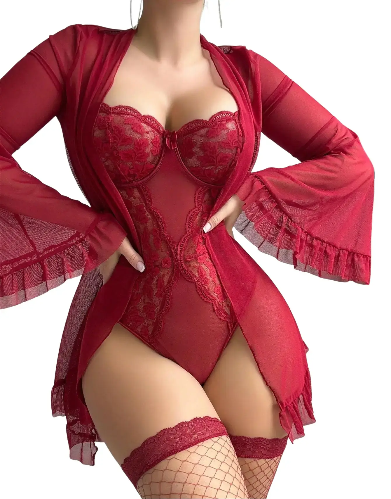 AgeRose Women's 5-Piece Polyester Floral Lace Lingerie Complete Kit - Long Sleeves Sheer Robe, Strappy Teddy Bodysuit, Fishnet Mesh Stockings - Elegant Bridal Nightwear (Cold Wash)