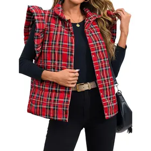 Women's Plaid Padded Vest Sleeveless Vest, Suitable for Autumn and Winter Wear Casual Fitted Womenswear Red