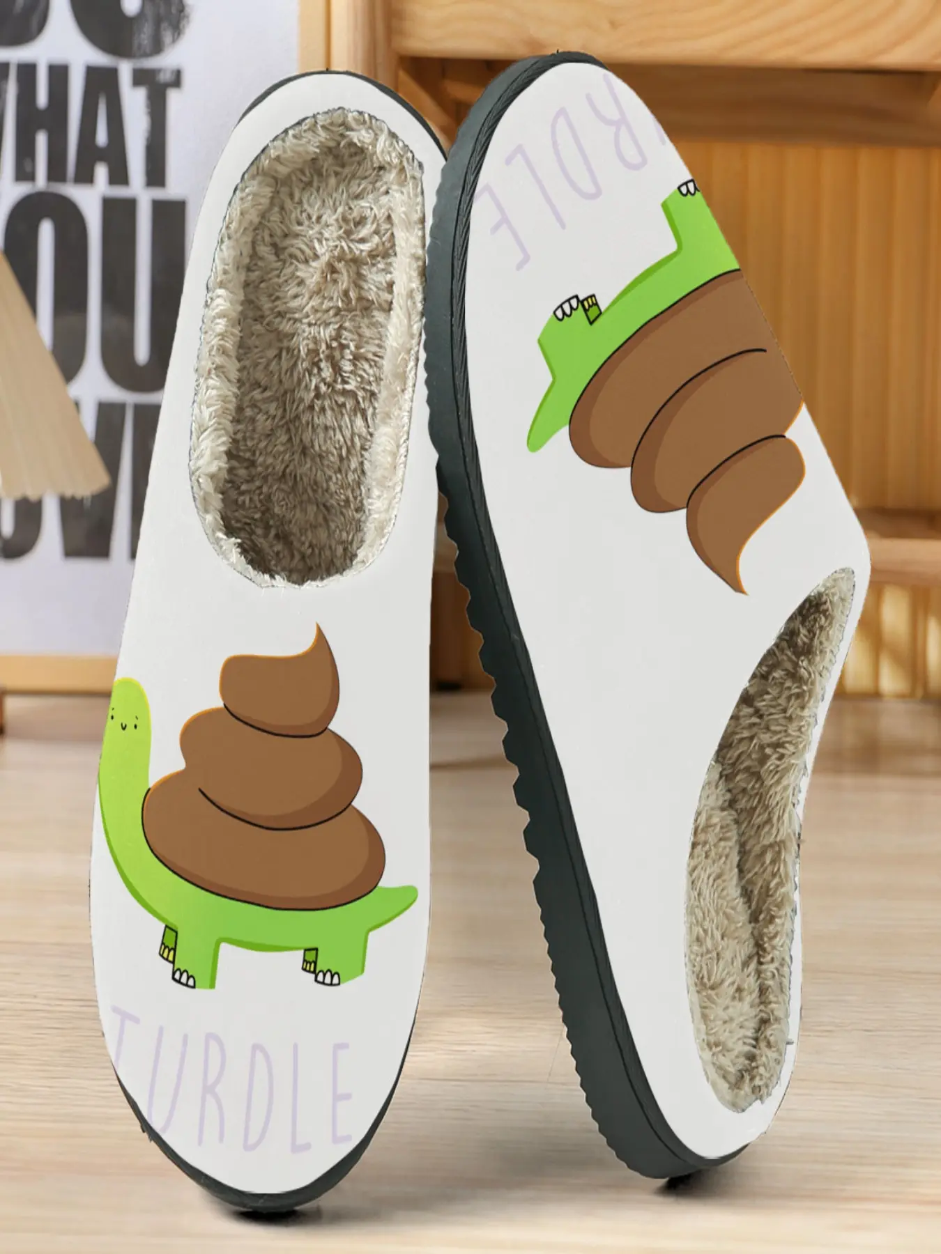 Funny Turtle Cotton Slippers, Bottom with Poop Illustration, Warm Fuzzy Lining, Casual Home Wear for Fall & Winter