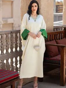 Women's V-Neck Kaftan Dress, Patchwork Design, Middle Eastern Style Embroidered Beads, Casual Long Robe for Outerwear