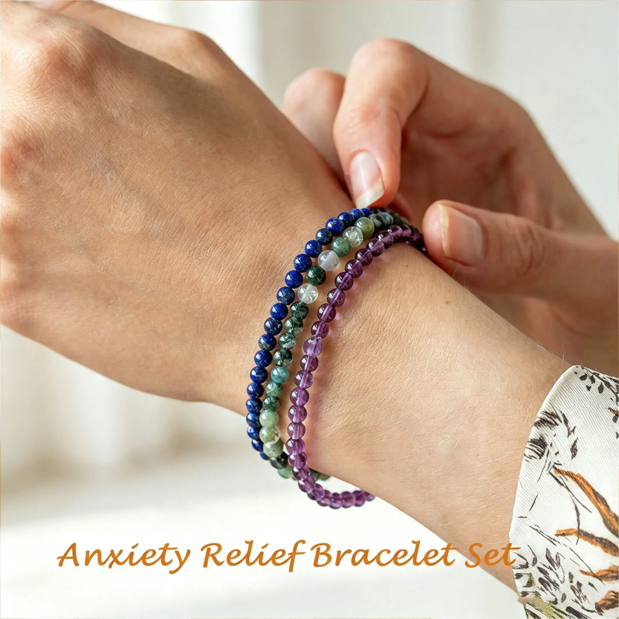 Anxiety Relief Beaded Gemstone Bracelet 3pcs /Set - Lapis Lazuli, Amethyst and Moss Agate, 4mm Beaded Energy Crystal Jewelry for Men Women