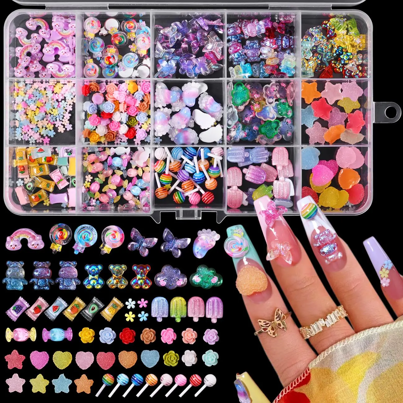 Halloween Fall Gift 3D Mix Assorted Color Nail Charms Acrylic Multi Cute Nail Art Charms Hollow Candy Jewelry Nail Supplies for Nail Art Design DIY Crafts Accessories (Colorful Candy)