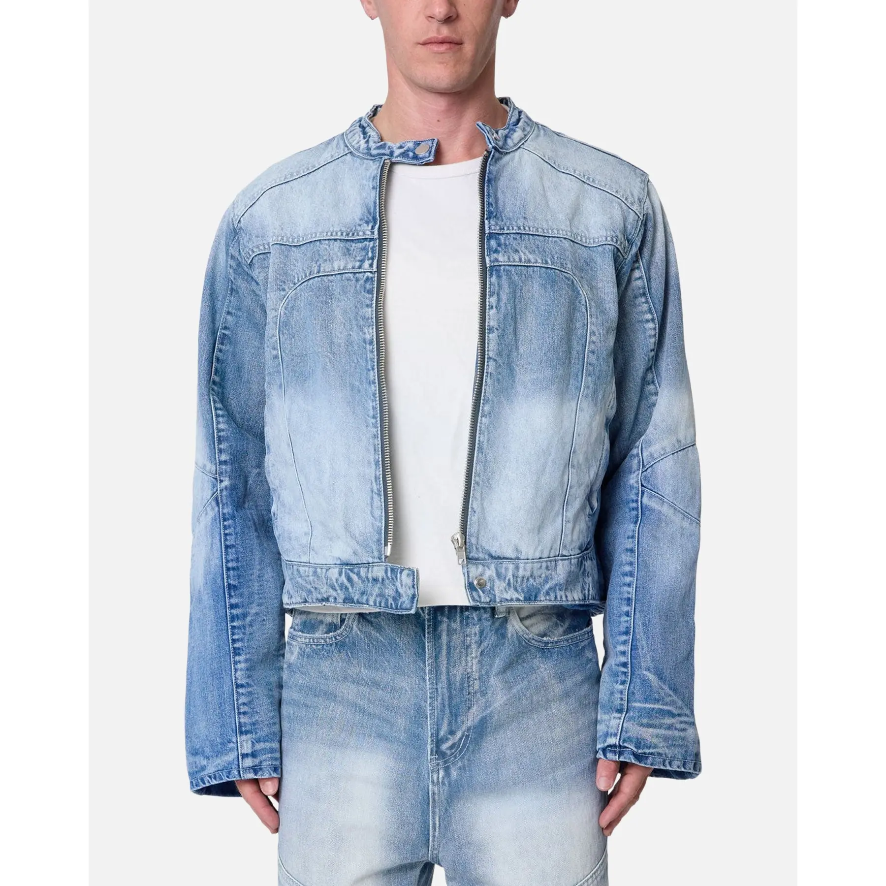 MNML Panelled Moto Denim Jacket Washed Blue