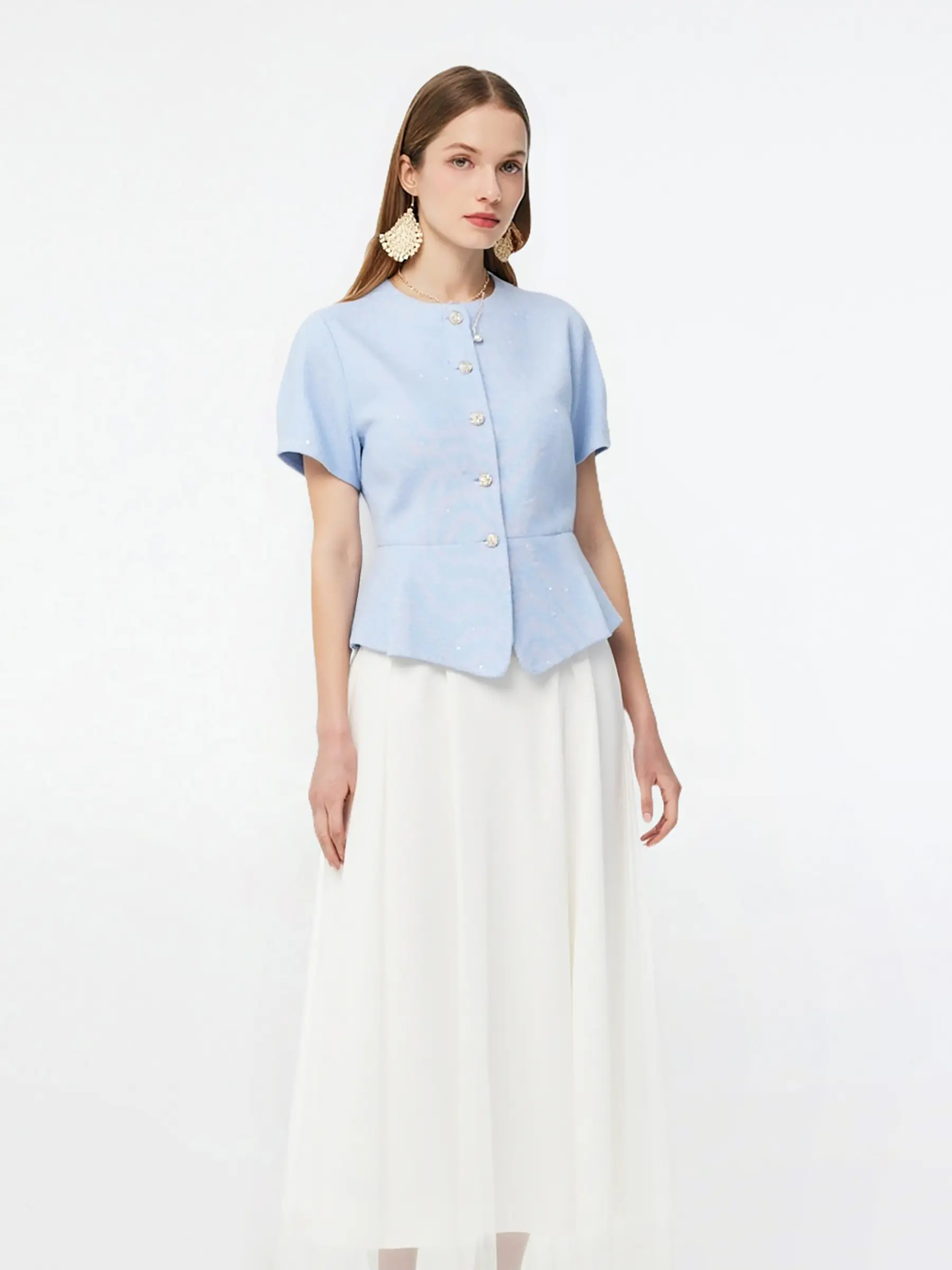 Acetate Blend Tweed Sequins Crop Jacket And Mesh Skirt Two-Piece Set Fit Pleated Sheer Womenswear