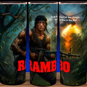 Rambo - Sylvester Stallone Action Movie Cup Mug Tumbler 20oz Stainless Steel with Slide Closure Lid, Reusable Plastic Straw, Handmade Design - Drinkware Classic Flasks