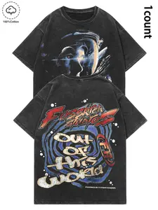 Unisex Streetwear Out of This World Slogan Print Astronaut Pattern Cyberpunk Space Short Sleeve T-Shirt, Dark Punk Y2K Style