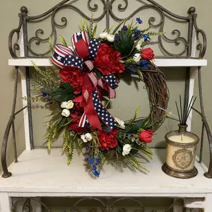 Patriotic July 4th Wreath, Peony and Mixed Flowers with Patriotic Bow, Independence Day Farmhouse Porch Decor, Artificial Floral Arrangement
