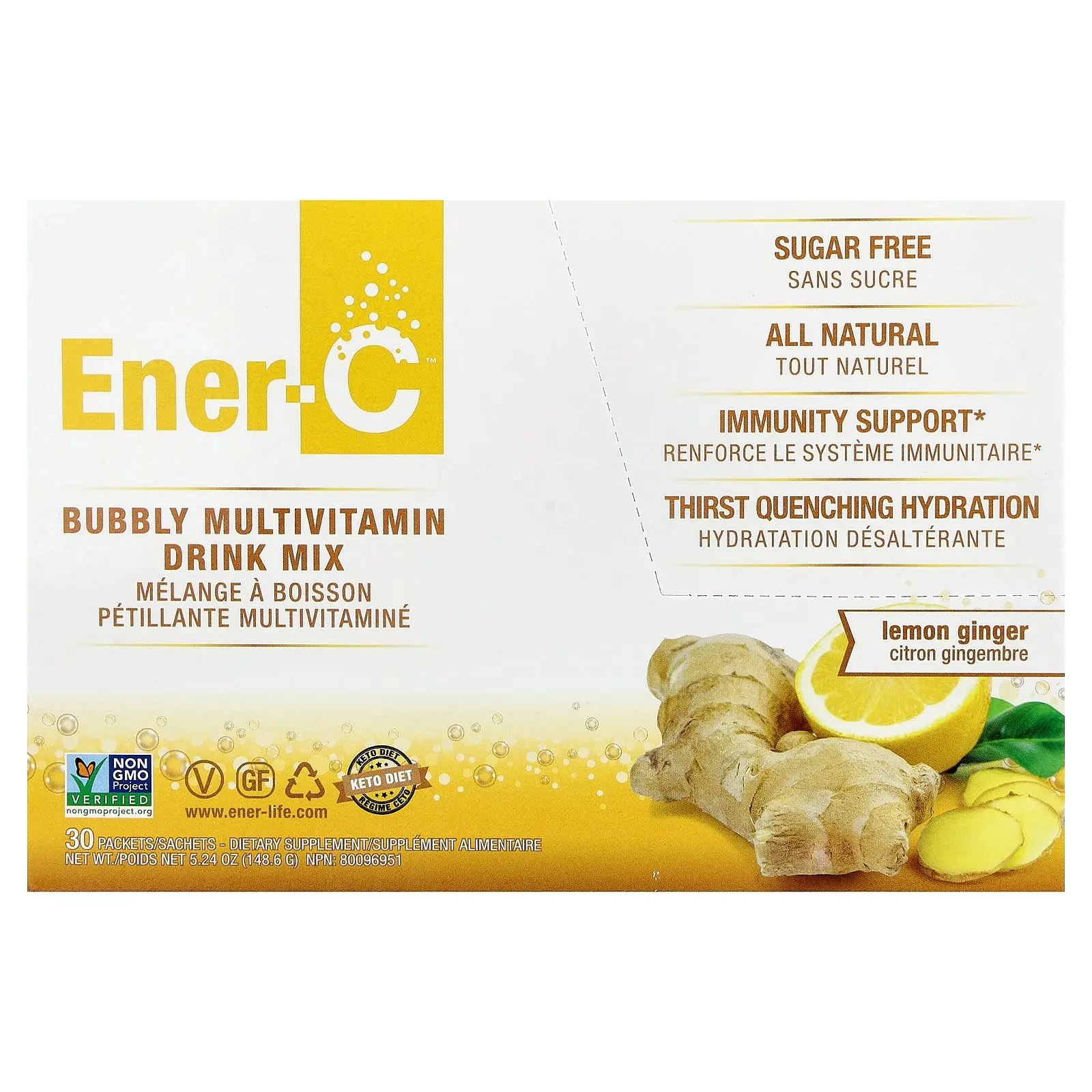 Ener-C Bubbly Multivitamin Drink Mix, Sugar Free, Lemon Ginger, 30 Packets, 0.2 oz (4.95 g) Each