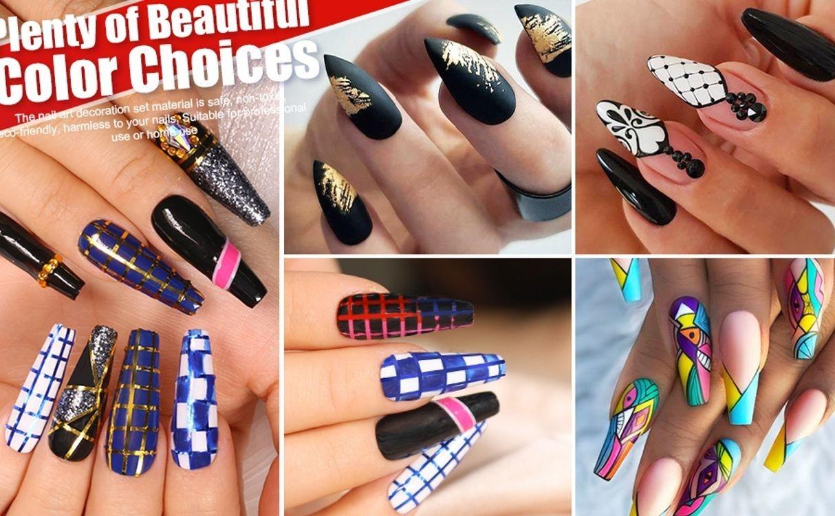 Stamp Nail Art Tool with 15pcs Nail Painting Brushes, Nail Dotting Tool, Nail Foil, Manicure Tape, Color Rhinestones for Nails-Black
