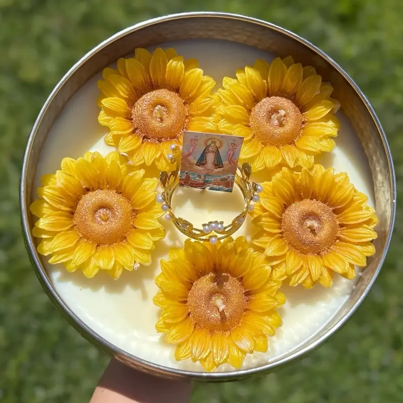Big Gold Candle for Virgen de la Caridad with 5 Sunflowers Art with Wax Decorative Religious Item