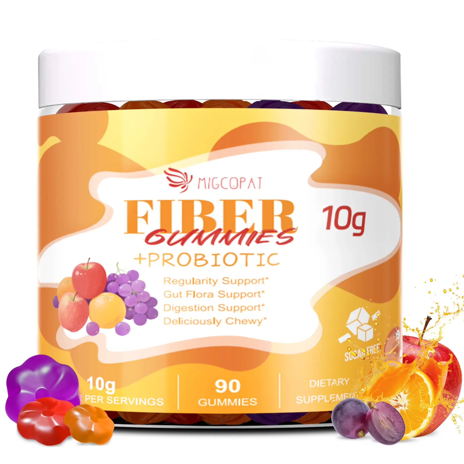 Migcopat Fiber Gummies - 10G Fiber, 30B CFU ACV Probiotic, Prebiotic, Vitamin C, Inulin Gut Support Digestive Health Dietary Supplement, 90-Count Guilt Free Snacks