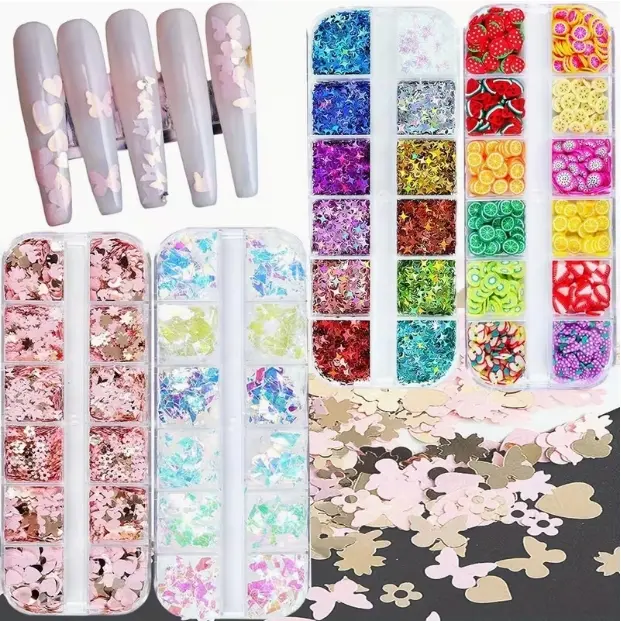 4 Boxes (Many Pieces Each) Holographic Nail Sequins - Heart & Star Shaped Reflective Slices Suitable for Nail Art Decorations, Sparkling DIY Nail Accessories, Gift for Nail Artists, No Odor for Salon & Use (Colors) summerwins