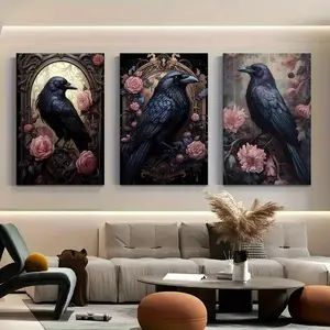 Frame not included 3-Piece Gothic Crow Canvas Wall Art Set, Frameless Dark Academia Style Black Raven and Floral Prints,  Decor Vintage Poster Decoration vintage poster