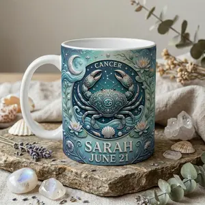 Personalized Cancer Astrology Mug, 2D Printed 3D Effect Faux 3D Ceramic Coffee Cup with Zodiac Cancer Sign Celestial Design for Astrology Lovers and Star Sign Fans, Perfect for Birthday, Daily Use and Gift for Horoscope Enthusiasts Keepsake