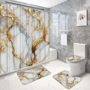 Modern Stone Pattern Shower Curtain Set, Bathroom Decor, Restroom, Includes 12 Hooks, Non-Slip Bath Mat, U-Shaped Pad, Toilet Seat Cover, Home Goods