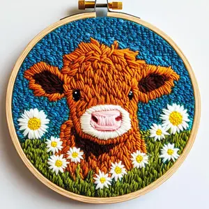 DIY Punch Needle Kits for Beginners Cute Cartoon Highland Cow with Daisy Flower with Hoop Embroidery Punch Needle Starter Craft Set Easy for Adults and Children Festival Gift and Decoration 20X20Cm-1 CSRP