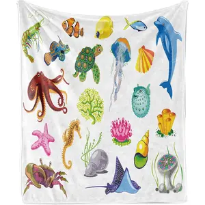 Marine Throw Blanket, Sea Animals Octopus Dolphin Shells Stingray Crab Turtle Jellyfish Wildlife Graphic, Flannel Accent Piece Soft Couch Cover for Adults, Multicolor, 280g fabric weight single-sided printing,Provides comfortable temperature