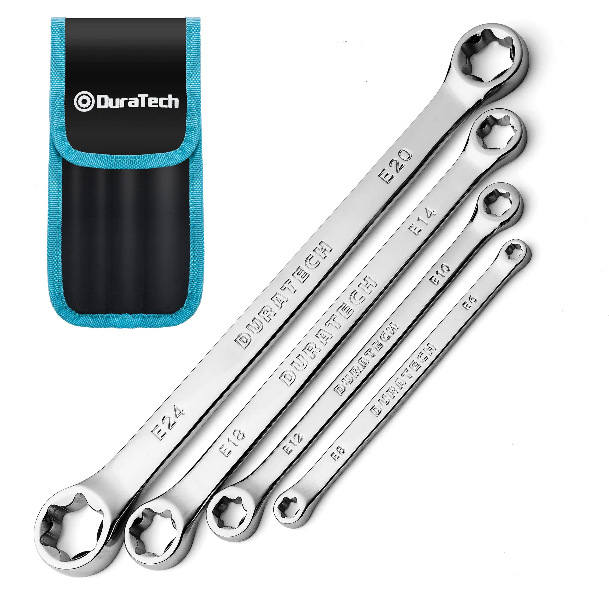 #fathersdaygift DURATECH 4-Piece E-Torx Wrench Set, Double Box End Wrench Set, CR-V Steel, Including E6*E8, E10*E12, E14*E18 and E20*E24, Organized in Pouch