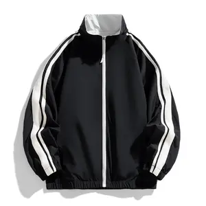 Men's Black & White Contrast Track Jacket - Zip-Up Sports Training Jacket with Striped Sleeves for Active Wear