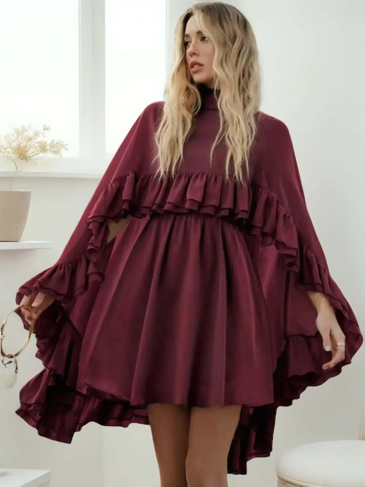 Women's Chic 2-Piece Longsleeve Formal Dress - Burgundy Chiffon Camisole, Ruffled Skirt, Lace Back, Lightweight, Plain, Machine Washable, Elegant Party Night Out Womenswear Attire Minimalist, Going Out, Party Fit, Two-Piece