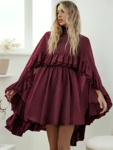 Women's Chic 2-Piece Formal Wear - Long Sleeve Polyester Dress with Chiffon Camisole, Ruffled Skirt, Lace Back, Lightweight Comfortable Burgundy Lady Clothes for Bridal Shower, Easter Wedding Guest
