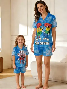 Vintage Cartoon 3D Print Parent-Child Pajamas, Cloud Pattern Blue Base, Fun and Eye-Catching, Mother-Daughter Matching Set