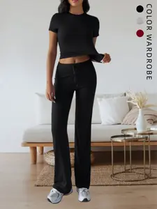 Women's 2-Piece Short Sleeve Long Pants Sports Set, Sporty Round Neck Slim Fit High Waist Yoga, Indoor & Outdoor Gym Training