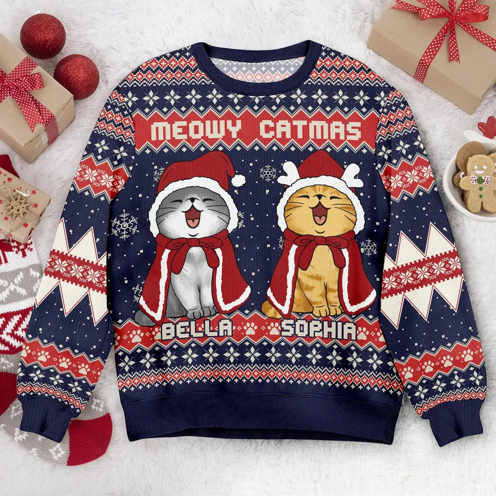 Personalized Cat Meowy Catmas Ugly Christmas Sweater  Retro Trendy Ugly Sweater, Sweater Lover Gift For Dad Gift For Mom Outfit For Family Holiday