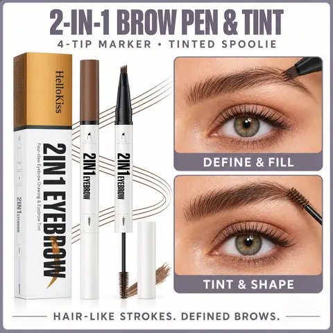 2-in-1 Eyebrow Pen and Brow Tint, Dual-Ended 4-Prong Brow Marker for Hair-Like Strokes, Tinted Spoolie Brush for Filling Sparse Areas, Defining and Shaping Brows