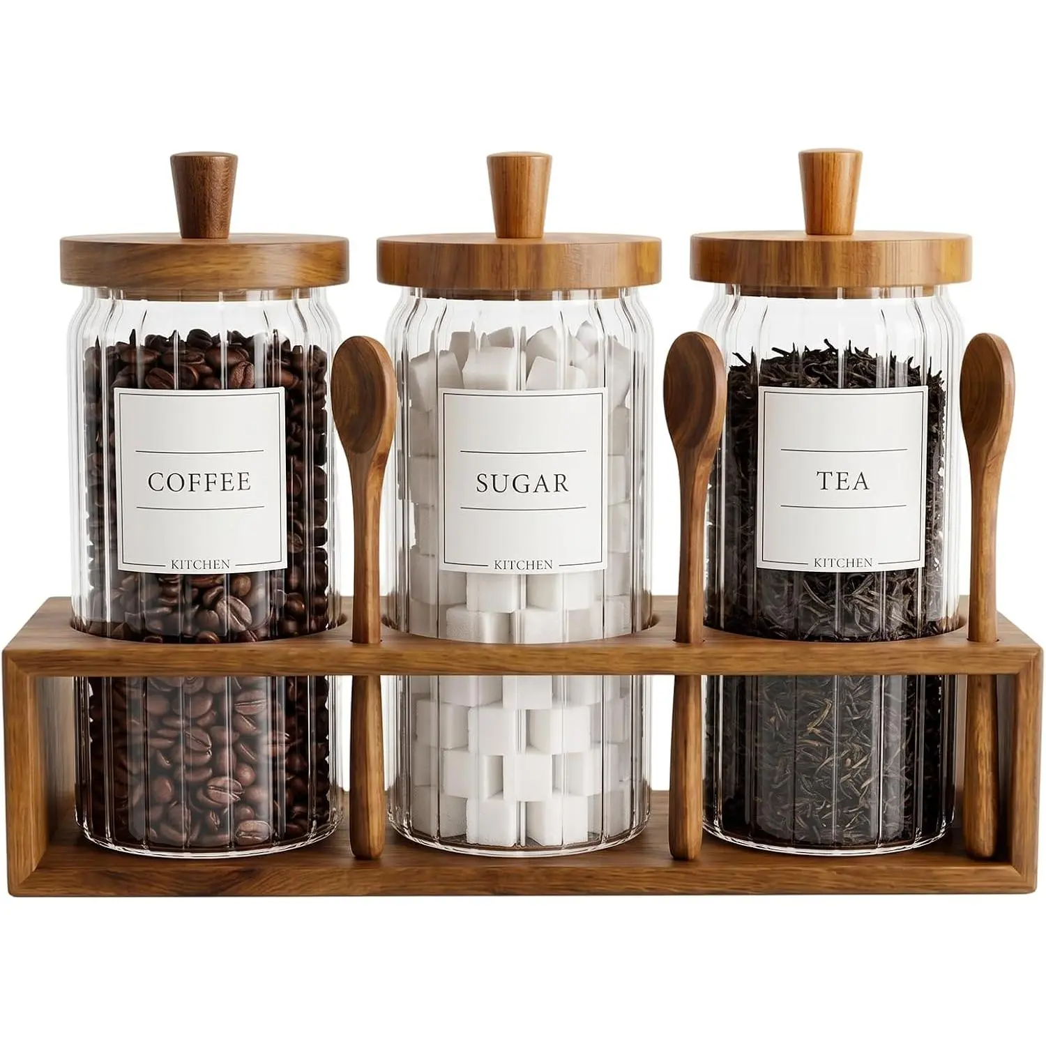 3-Piece Glass & Wood Kitchen Storage Container Set with Wooden Lids, Spoons for Coffee, Sugar, Tea Organization Essentials