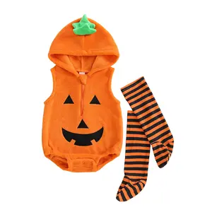Infant Baby Halloween Costumes Baby Pumpkin Costume Sleeveless Fleece Hooded Romper with Socks My First Halloween Baby Girl Boy Outfit